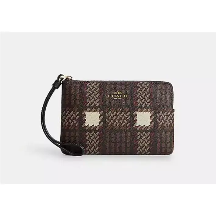 Coach Corner Zip Wristlet with Plaid Print 4X6X.5 Brown-multi