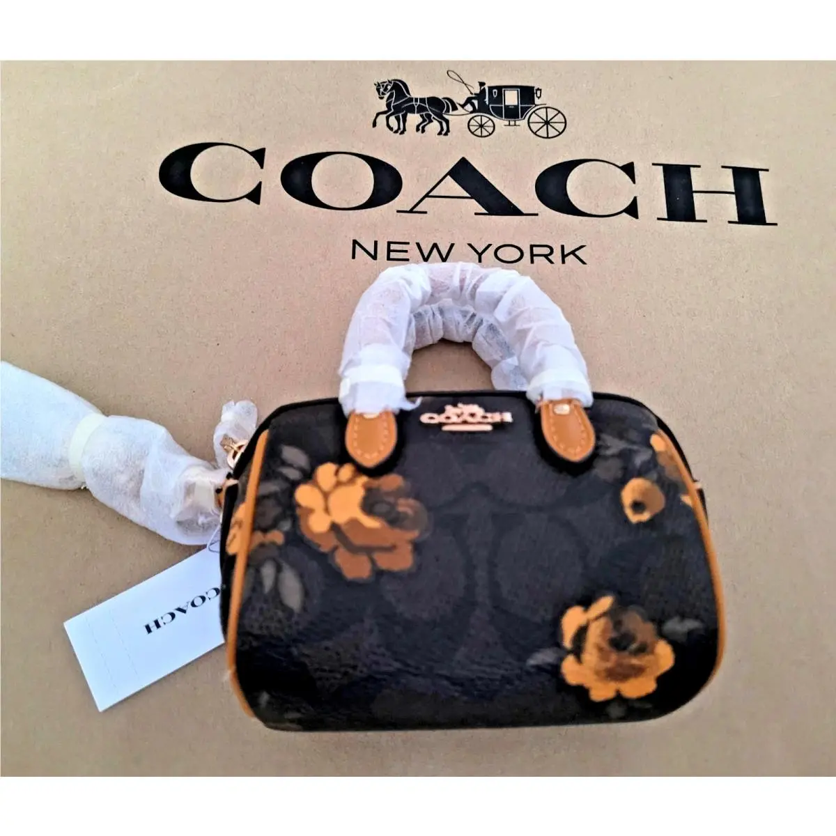 Coach Mini Rowan Keychain Charm Sig Canvas Walnut Floral Print CCF12