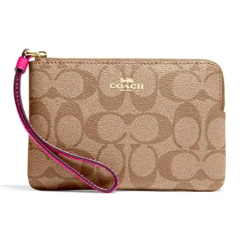 Coach Corner Zip Wristlet -CK358 Khaki Signature Canvas / Cerise Pink Leather
