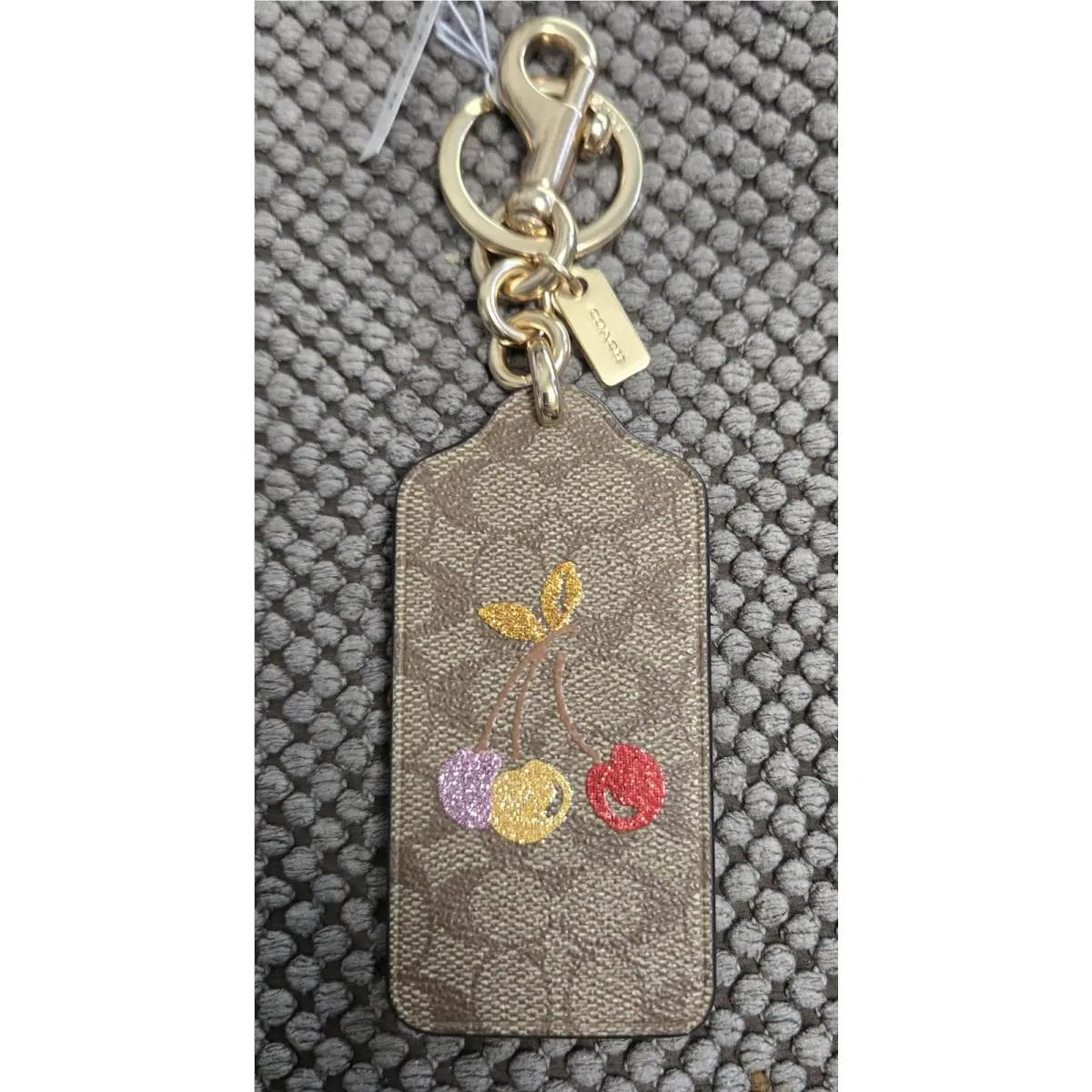 Coach Leather Signature C Sparkly Cherries Bag Charm Gold Keychain F3266