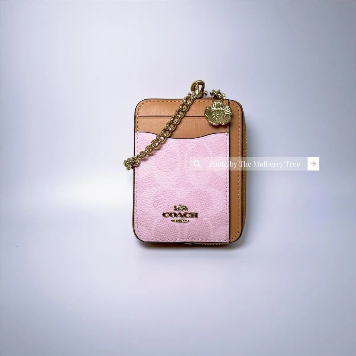 Coach CEC50 Zip Card Case Signature Canvas with Flower Charm Powder Pink Wallet