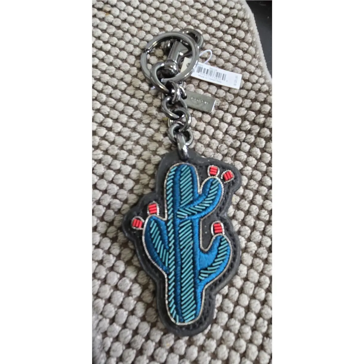 Coach Cactus Key Chain Bag Charm Embroidered Leather Black Metal 58493