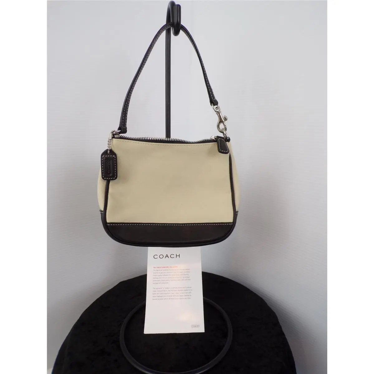 Coach Hampton Mini Wristlet Bag Cream Canvas/ Black Leather Trim A2J-7704
