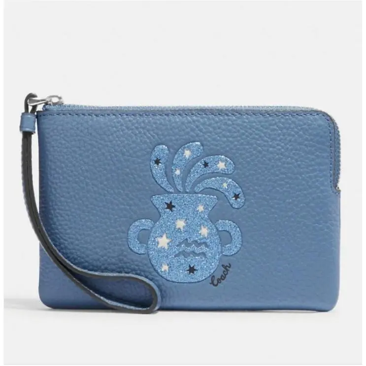 Coach Corner Zip Wristlet Aquarius Zodiac Print 4X6X.5 Blue - Wallet Clutch