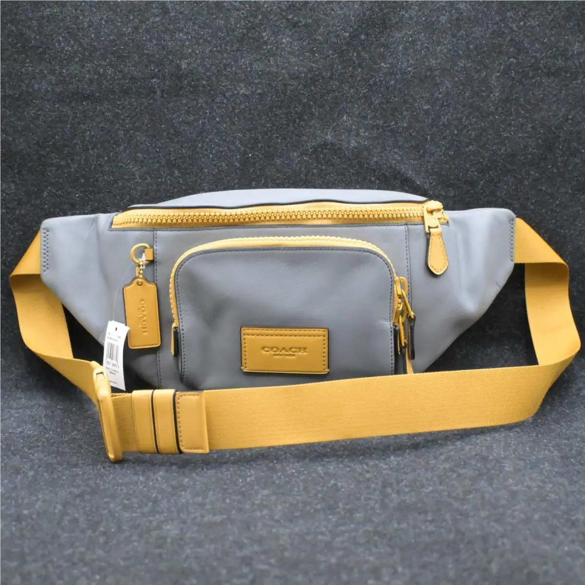 Coach Men`s Track Belt Bag - Gray / Mustard- Canvas Fanny Pack Waist Bag
