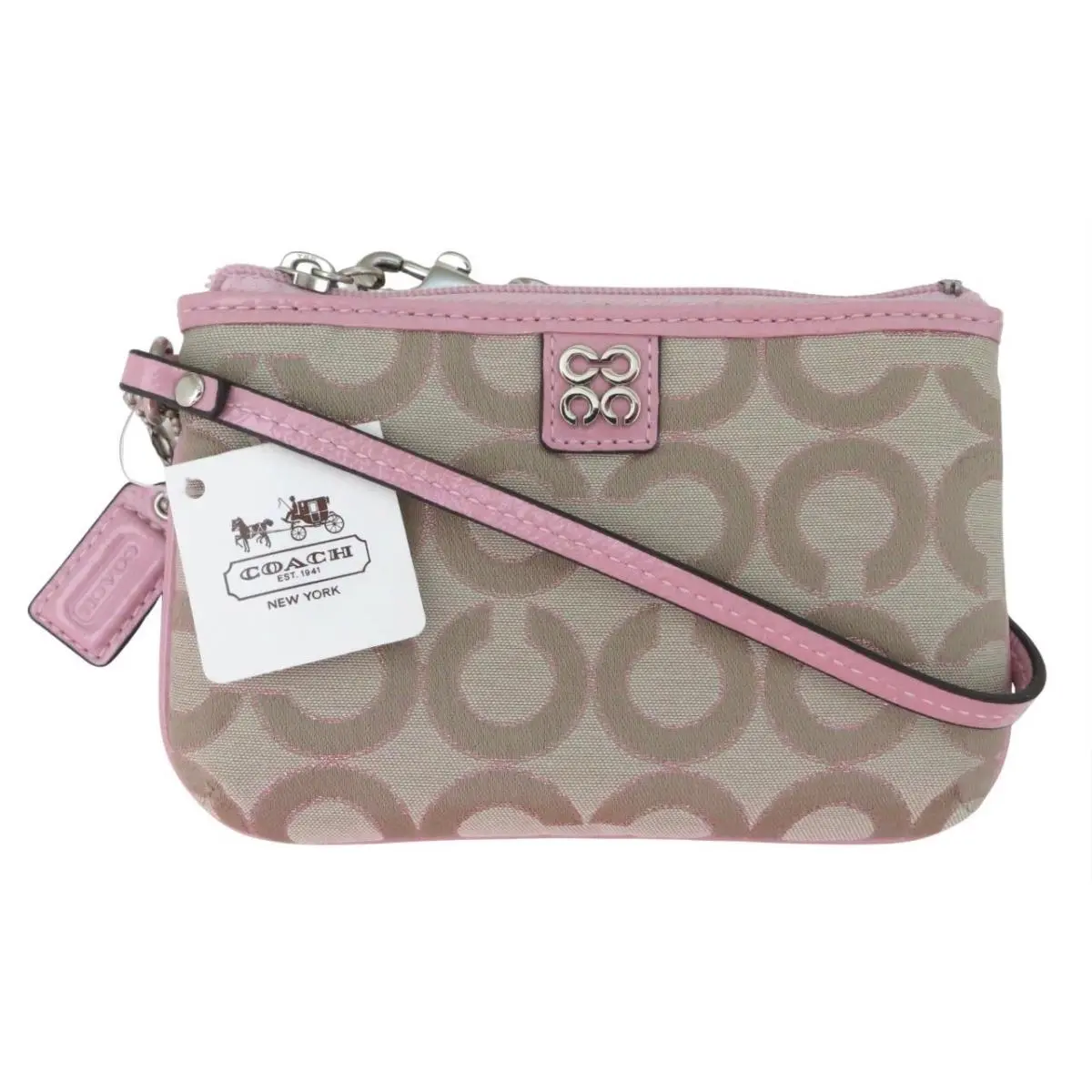 Gift Boxed Coach Khaki Signature Pink Patent Leather Wristlet Wallet