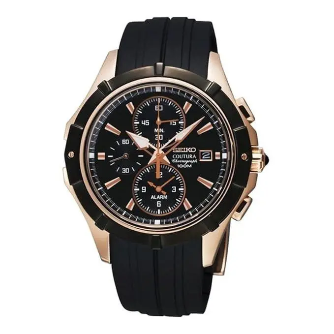 Seiko SNAF14 Mens Chronograph Coutura Watch Pink Gold Color - Dial: Black, Band: Black, Bezel: Black