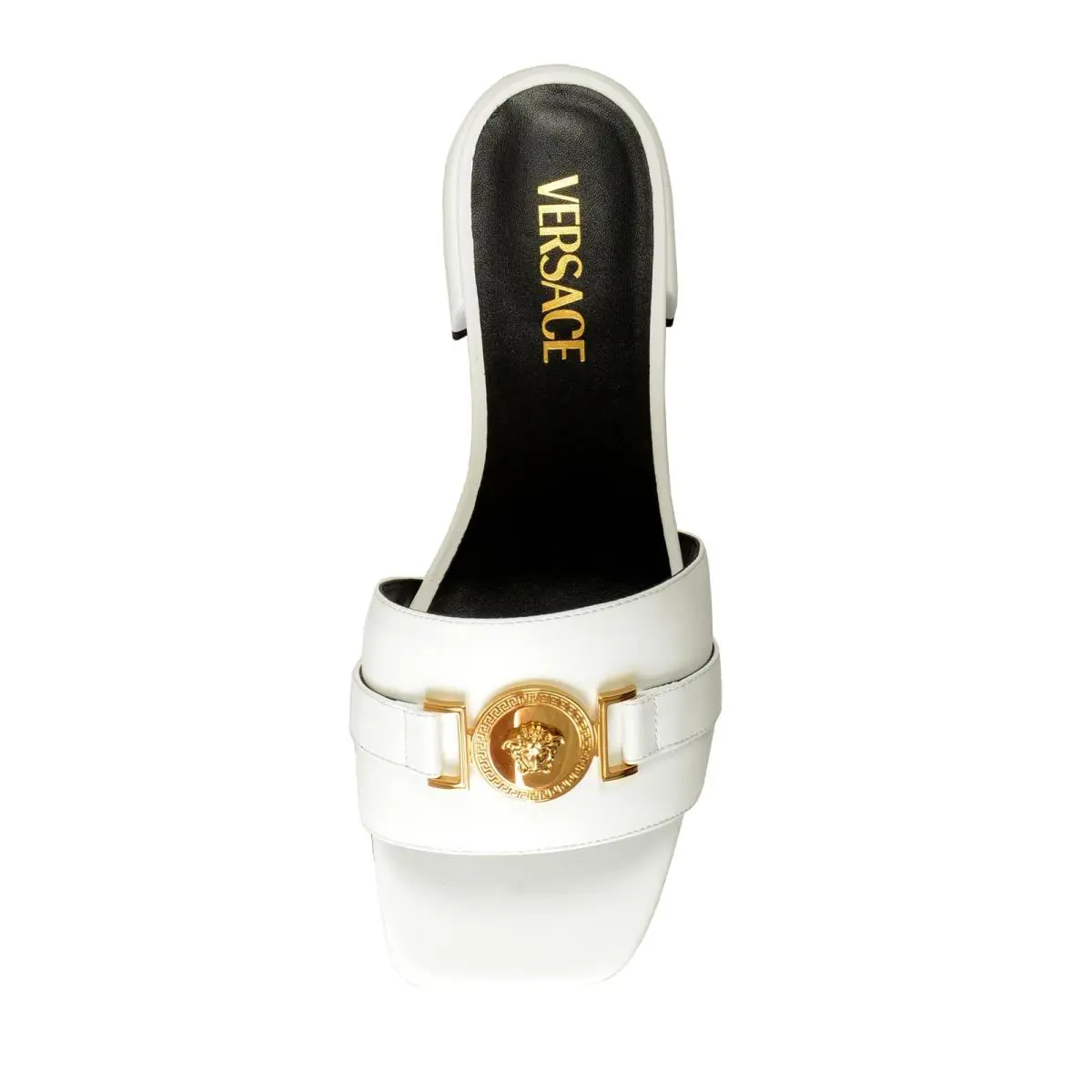 Versace Women`s White Leather Gold Color Medusa Sandals Mules Shoes US 5 IT 35
