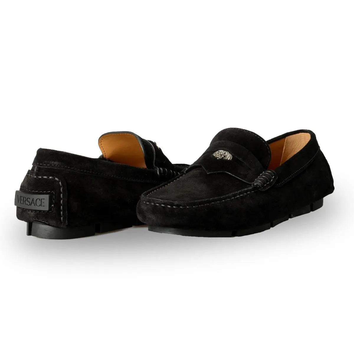 Versace Men`s 100%Suede Leather Medusa Driver Loafers Shoes US 10.5 IT 43.5 - Black