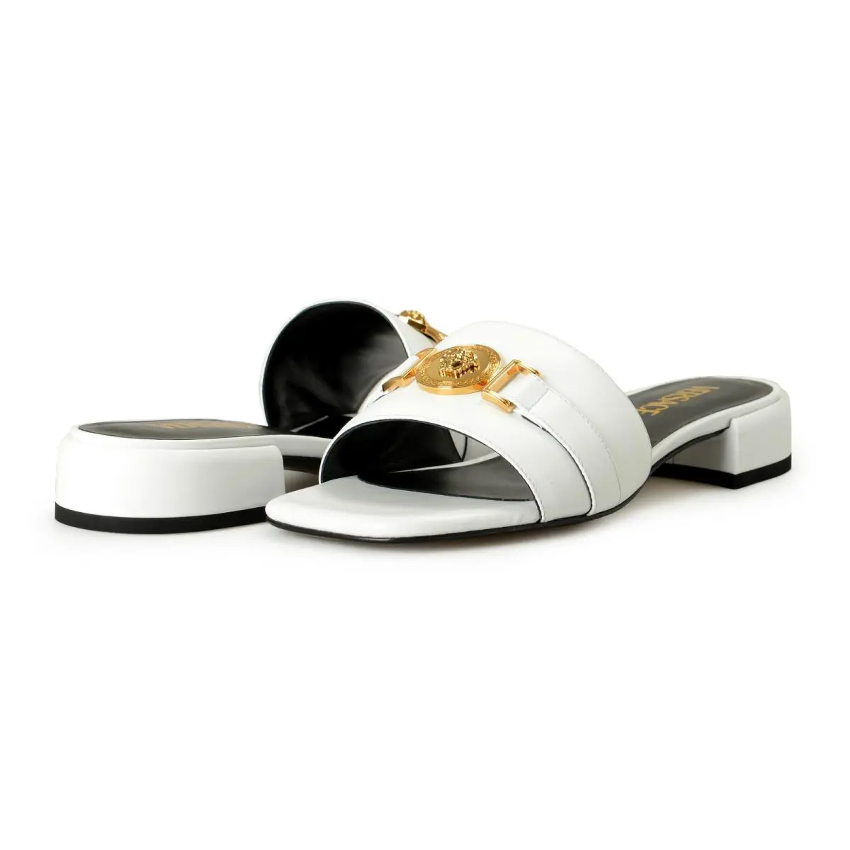 Versace Women`s White Leather Gold Color Medusa Sandals Mules Shoes US 6 IT 36