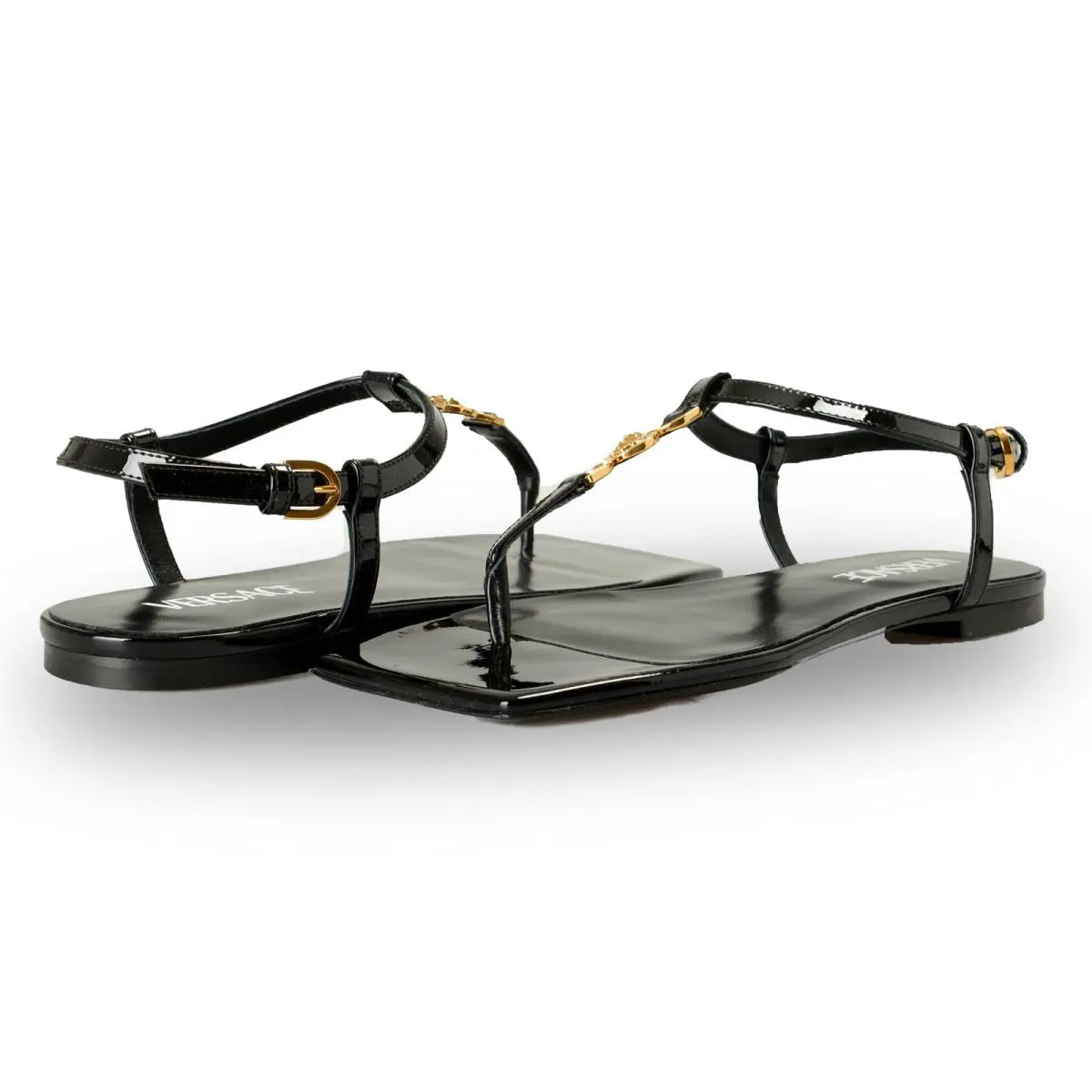Versace Women`s Black Patent Gold Medusa Leather Flat Sandals Shoes US 6 IT 36