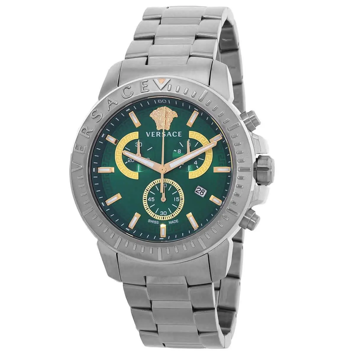Versace Chrono Chronograph Quartz Green Dial Men`s Watch VE2E00821 - Dial: Green, Band: Silver-tone, Bezel: Silver-tone