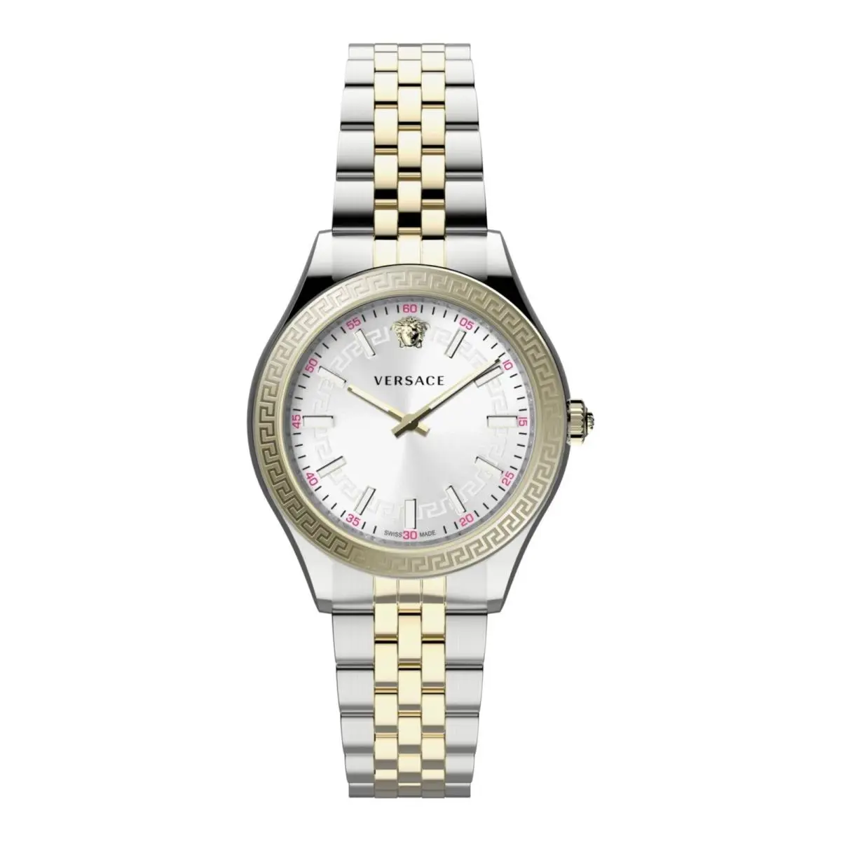 Versace Womens Two Tone 36mm Bracelet Fashion Watch - Dial: Silver, Band: Silver, Bezel: Gold