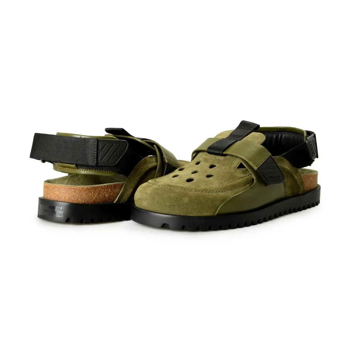 Versace Men`s Olive Green Suede Leather Sandals Shoes US 9 IT 42