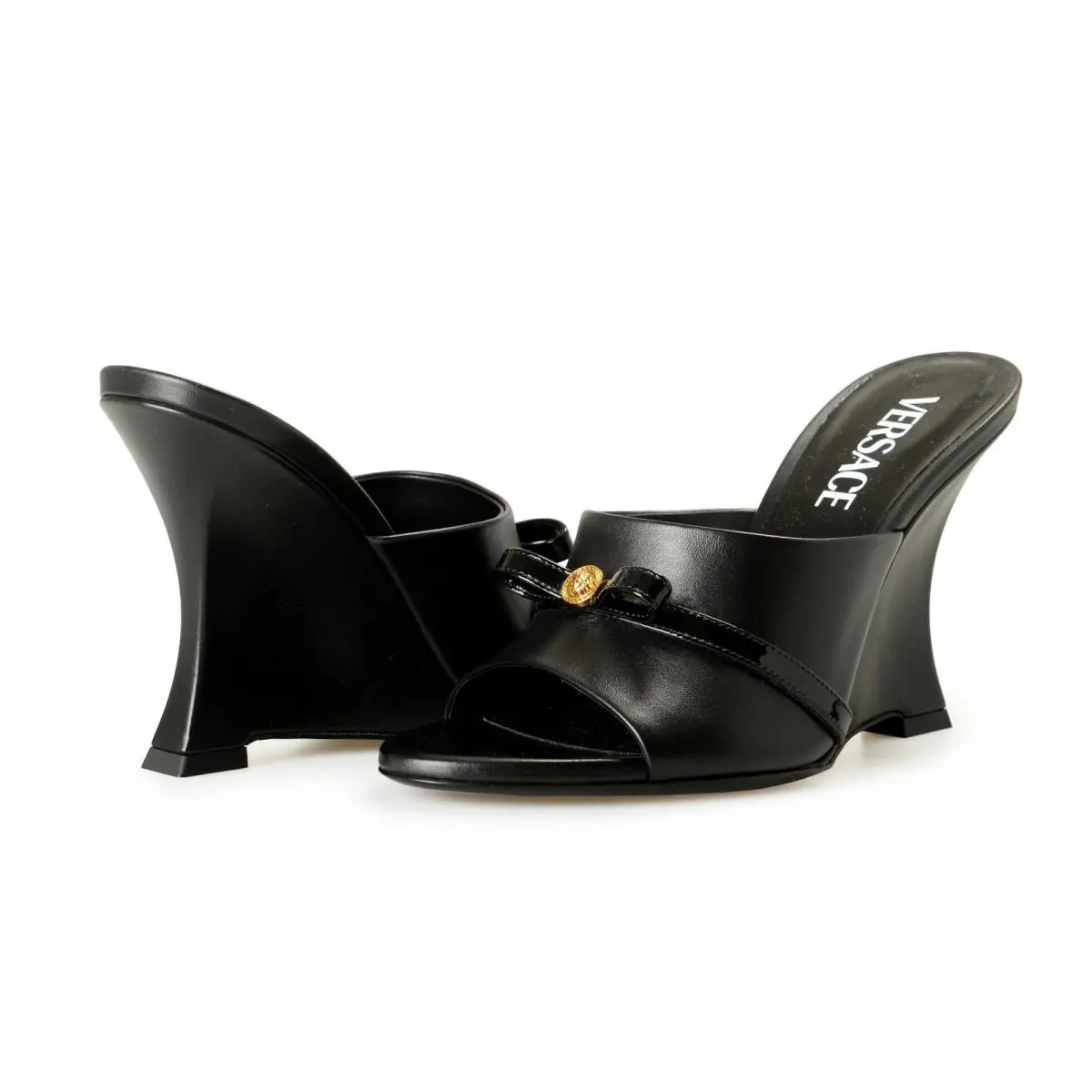 Versace Women`s Black Leather Gold Medusa Heeled Sandals Mules Shoes US 6 IT 36