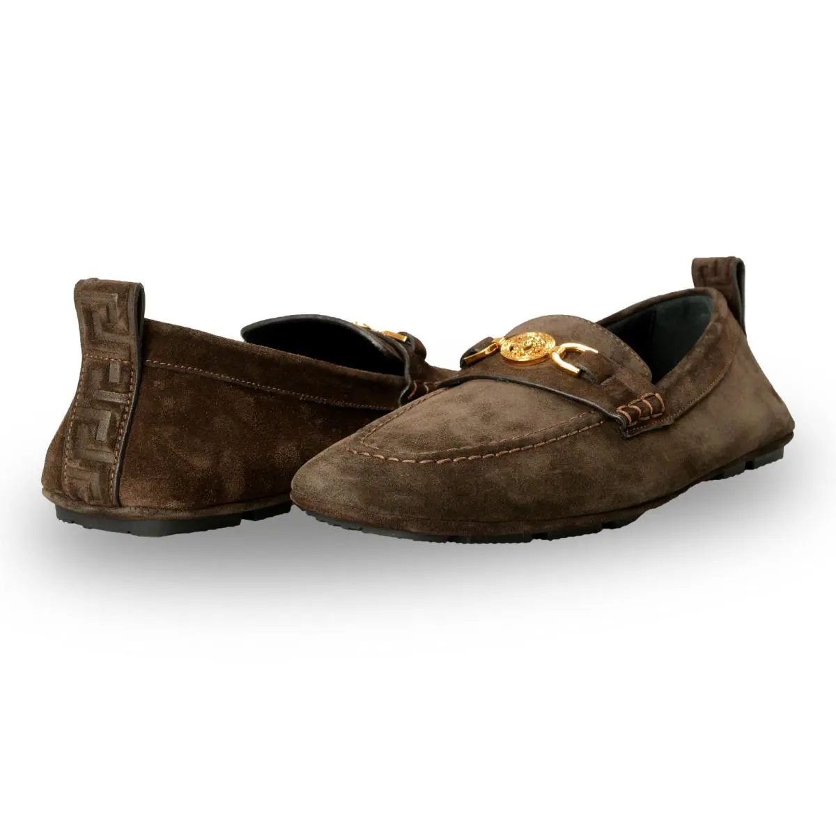 Versace Men`s Suede Leather Gold Medusa Driver Loafers Shoes US 9.5 IT 42.5 - Gold