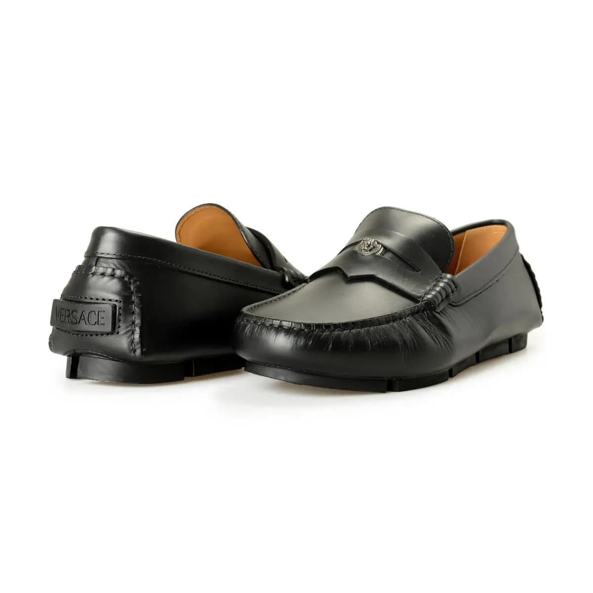 Versace Men`s Leather Silver Medusa Driver Loafers Shoes US 9 IT 42