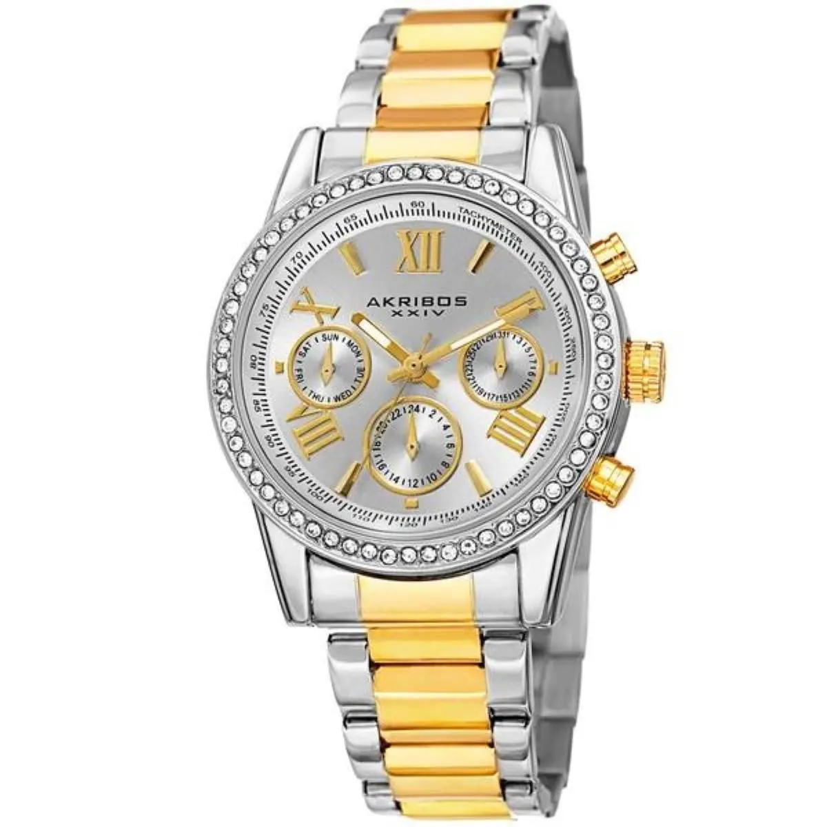 Akribos Xxiv AK872TTG Tachymeter Day Date Swarovski Bezel Twotone Womens Watch