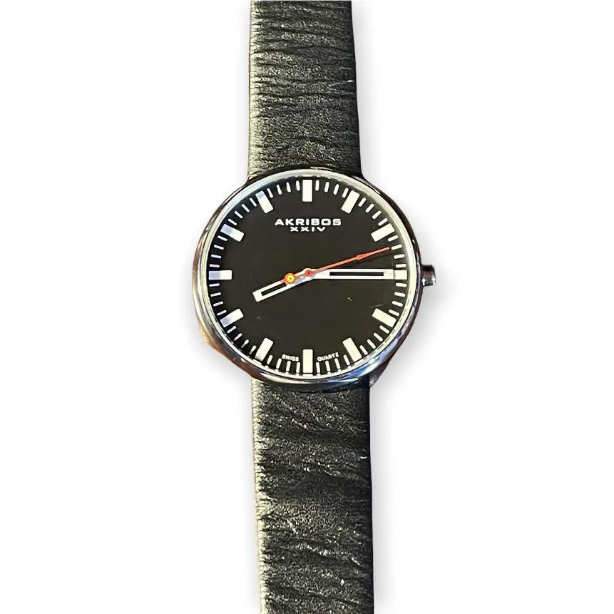 Akribos Xxiv AK733BK Swiss Quartz Leather Strap White Accented Black Mens Watch
