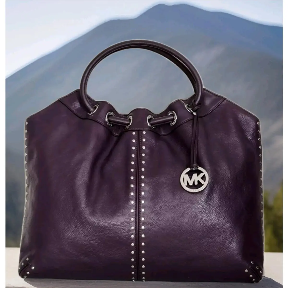 Michael Kors Astor Stud Purple Leather Silver Drawstring Large Tote Bag