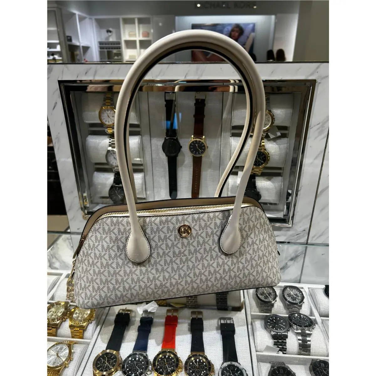 Michael Kors Petra Medium MK Logo Top Zip Shoulder Women Handbag Light Cream