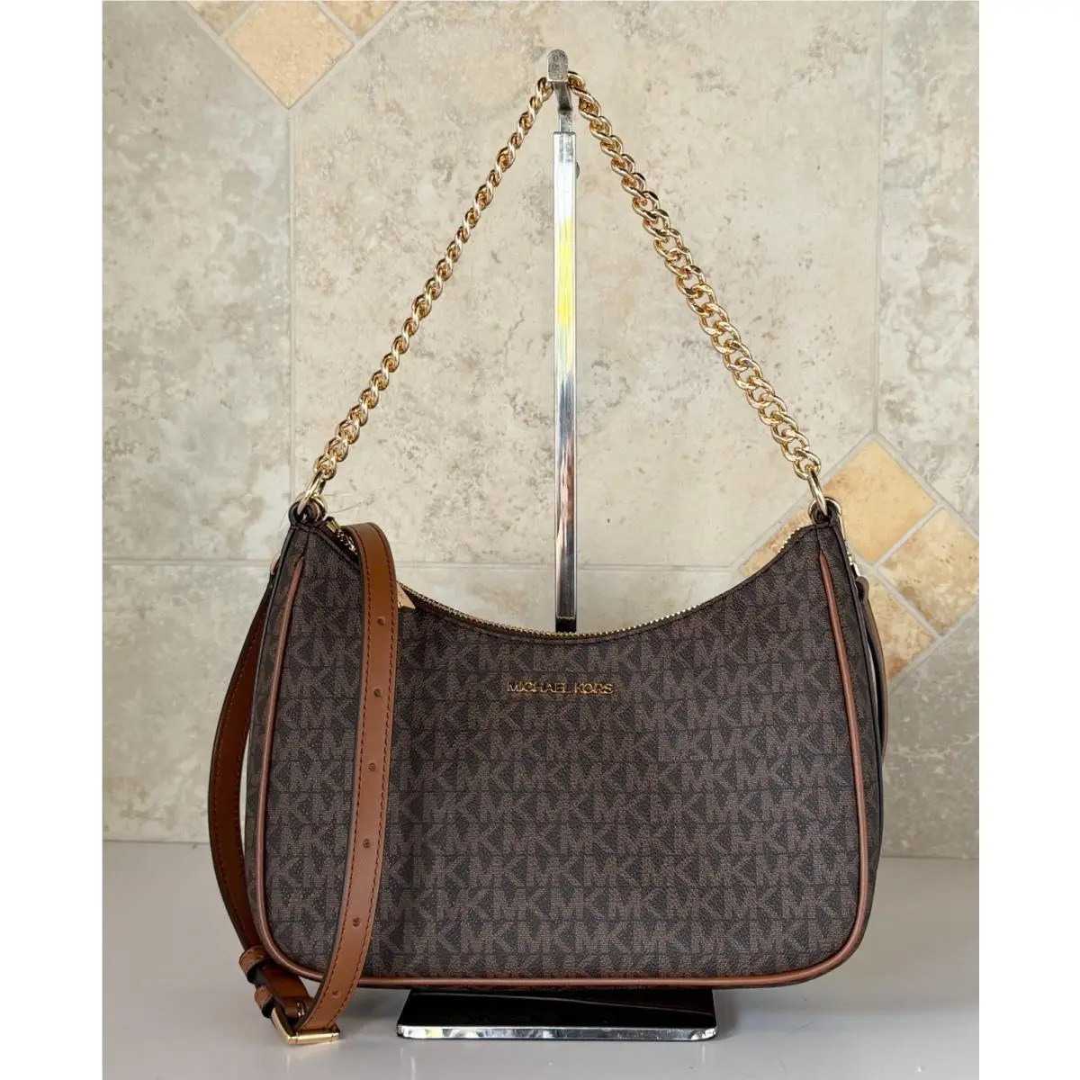 Michael Kors Jet Set Travel LG Shoulder Chain Crossbody Bag MK Brown