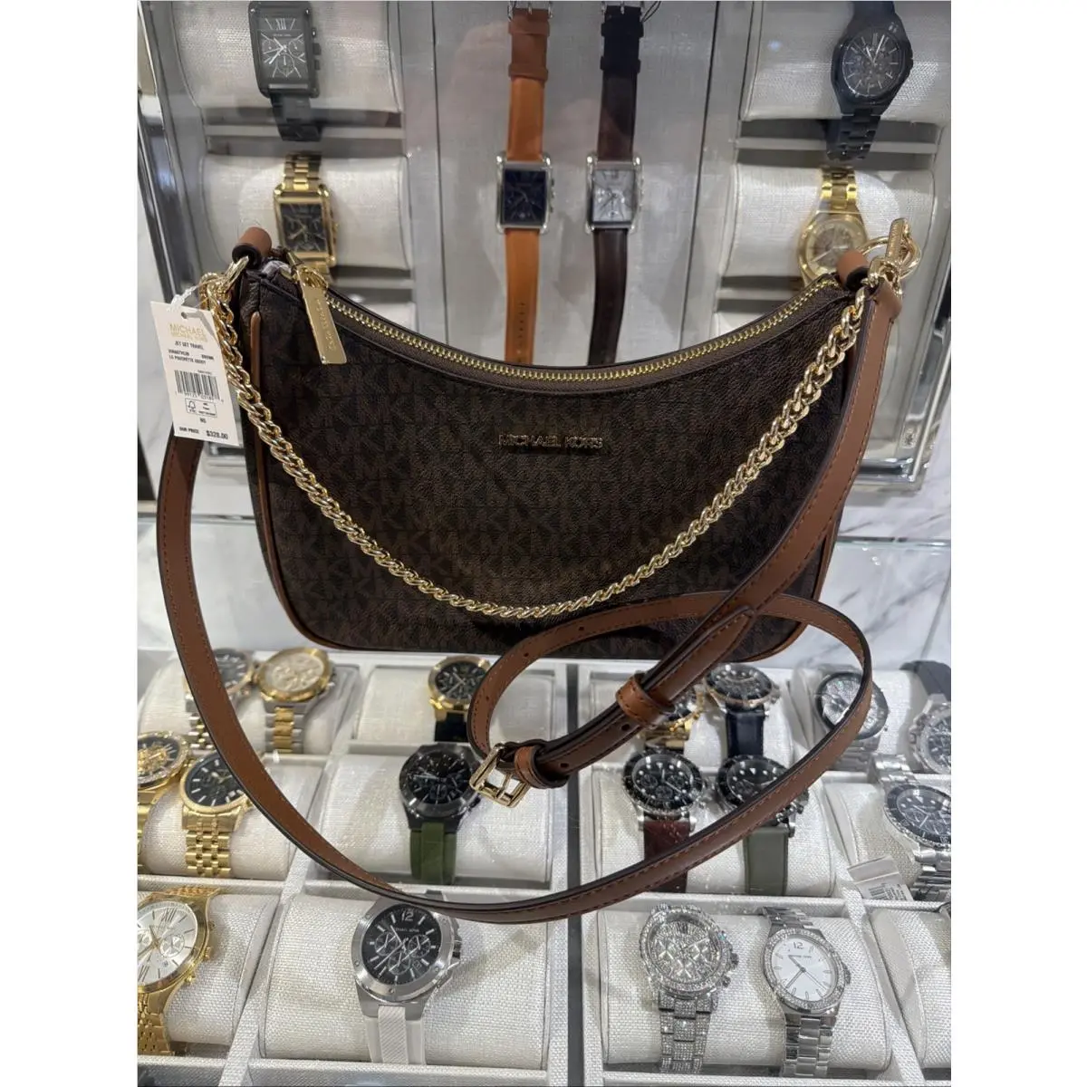 Michael Kors Jet Set Travel LG Shoulder Chain Crossbody Bag MK Brown