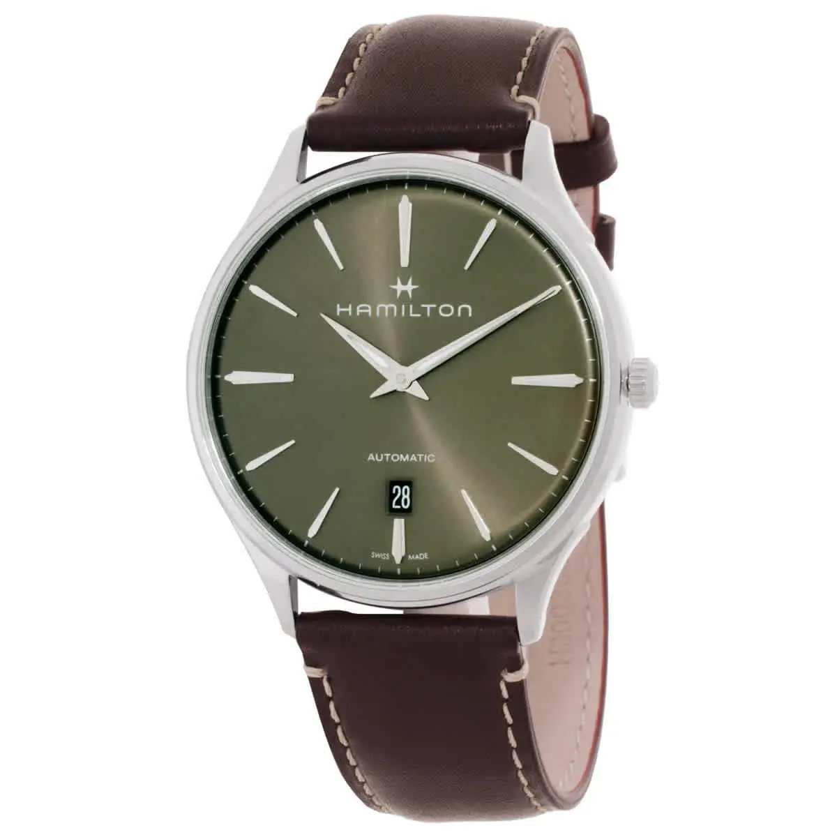 Hamilton Jazzmaster Thinline Automatic Green Dial Men`s Watch H38525561 - Dial: Green, Band: Brown, Bezel: Silver