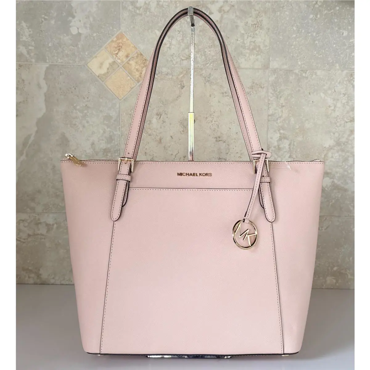 Michael Kors Ciara Large East West Top Zip Shoulder Tote Leather Bag Ballet