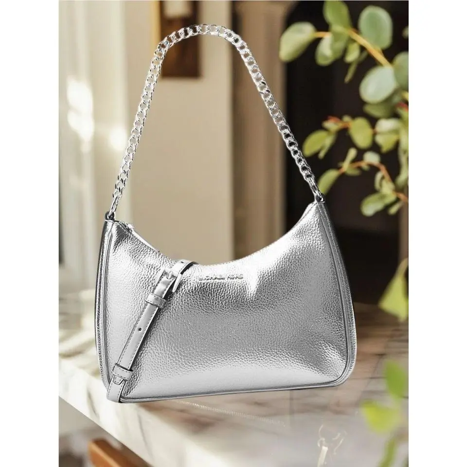 Michael Kors Large Metallic Crossbody Handbag Silver Bag Purse Shoulder MK Women