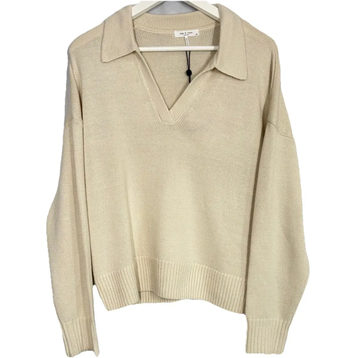 Rag Bone Gretchn Polo Sweater Chalk Cream Wool Blend Knit Long Sleeve L