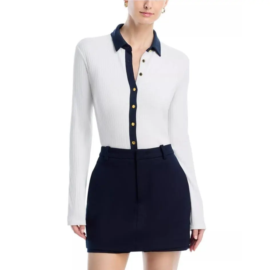 Rag Bone Women White/navy Rayon Blend Rib Knit Contrast Polo Top Size XS