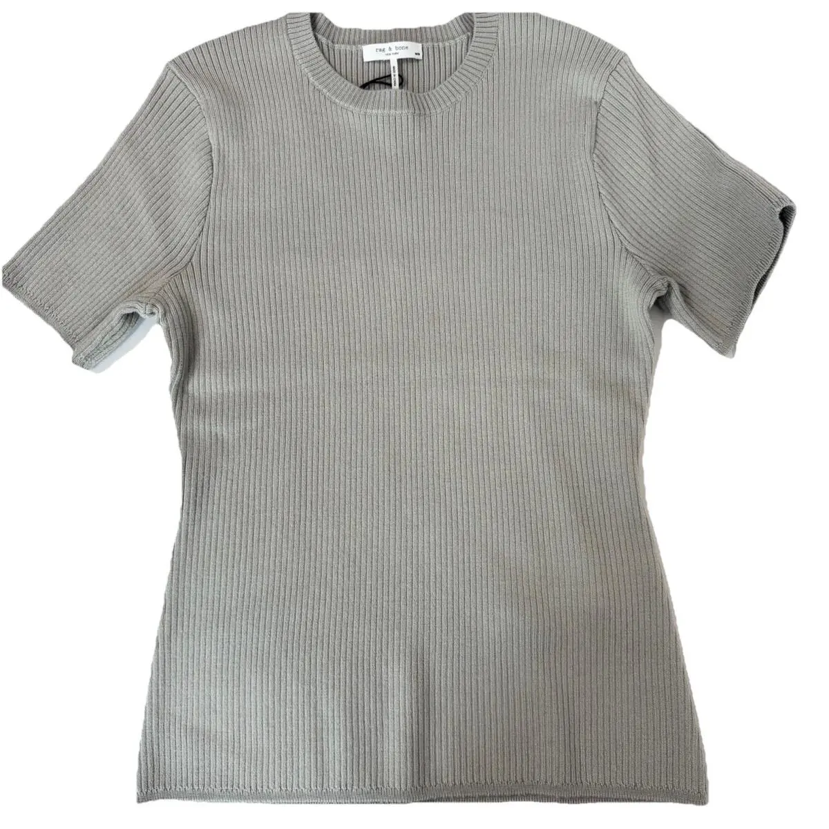 Rag Bone Annalise Wool Crew Short Sleeve Sweater Gray Ribbed Knit Size M