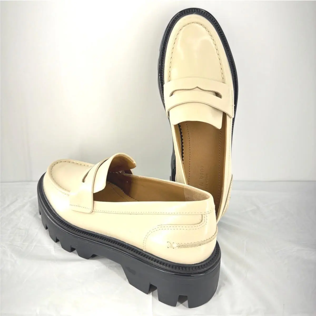 Rag Bone Quinn Platform Penny Loafers Greige Ivory Block Heel Women Size 37