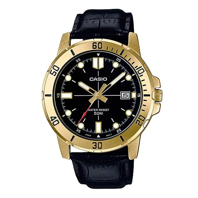 Casio MTP-VD01GL-1EV Men`s Enticer Gold Tone Leather Band Black Dial Watch