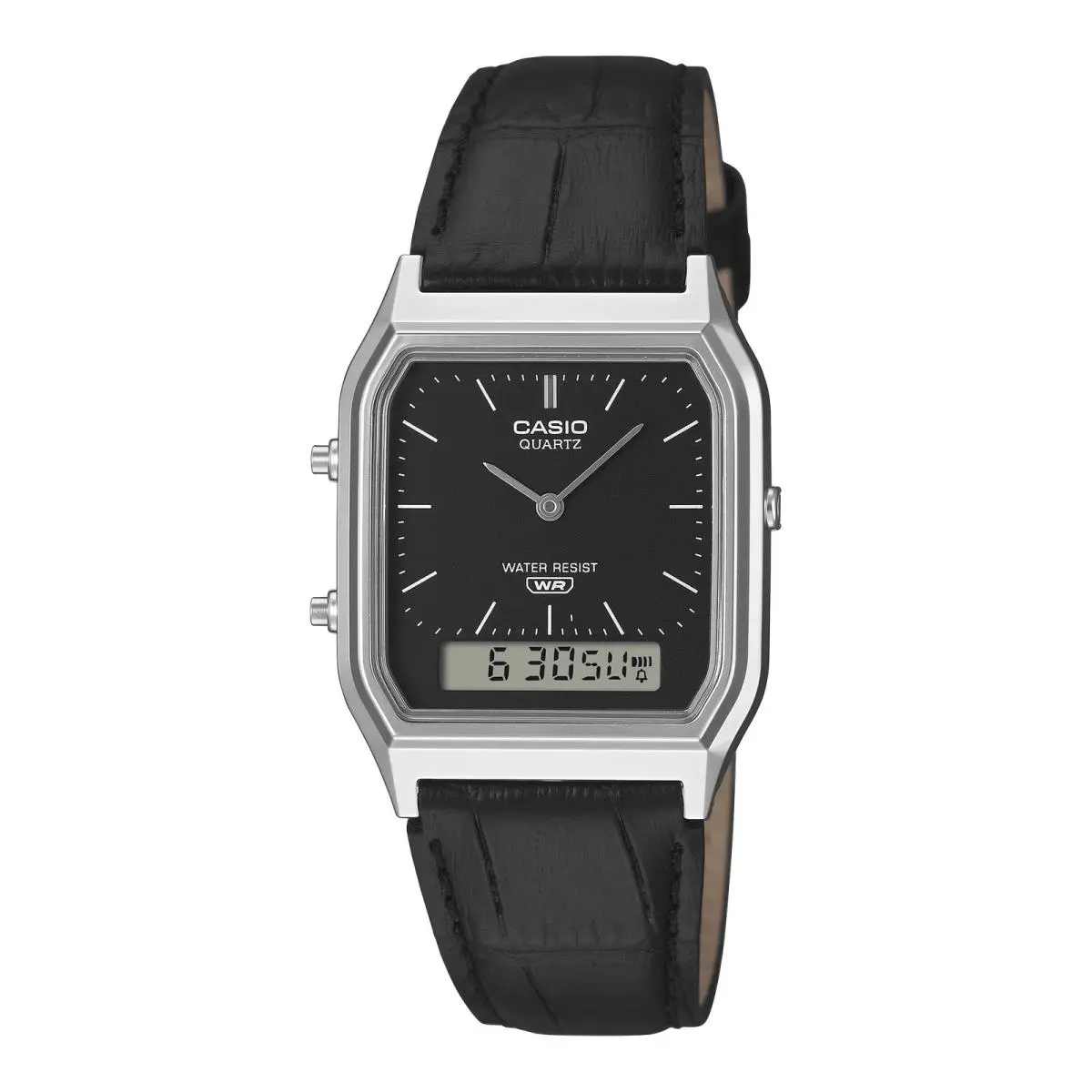 Casio AQ230EL-1A Vintage Analog Digital Watch Black Dial Black Leather Band