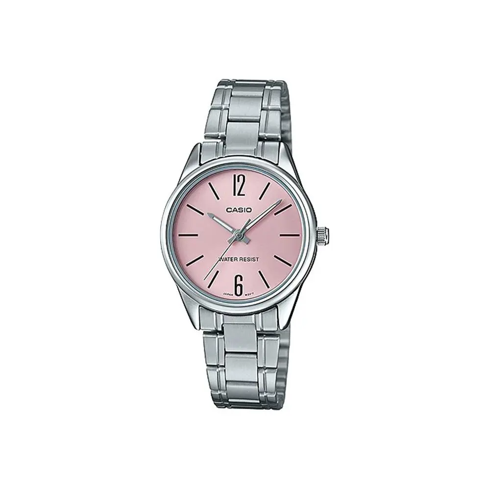Casio LTP-V005D-4B Women`s Standard Stainless Steel Black Dial Analog Watch - Dial: Pink, Band: Silver