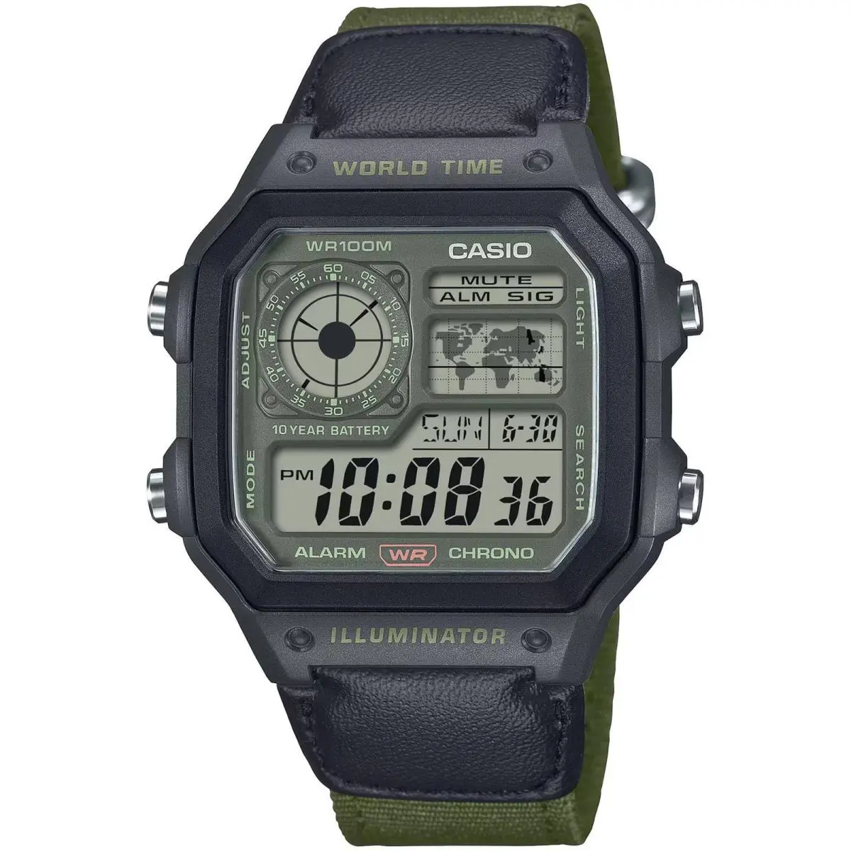 Unisex Watch World Time Alarm Chronograph Green Strap AE-1200WHUB-3AVCF by Casio