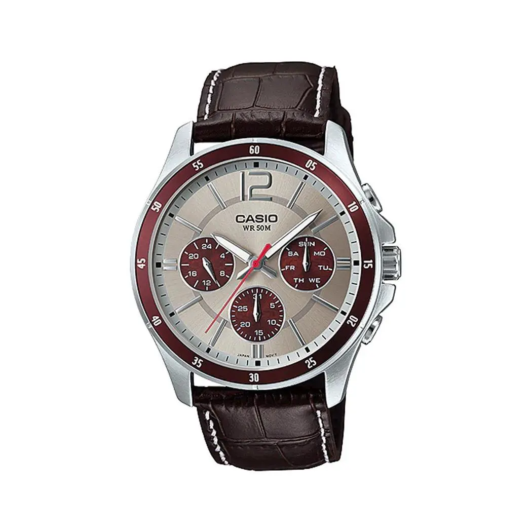 Casio MTP1374L-7A1V Men`s Leather Band Gray Multifunction 3 Dials Analog Watch - Dial: Gray, Band: Black, Bezel: Red