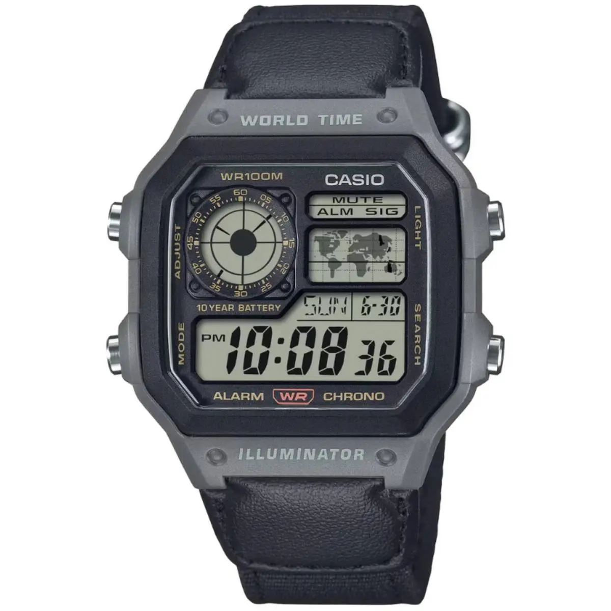 Casio Unisex Watch World Time Alarm Chrono Grey Fabric Strap AE-1200WHUB-8AVCF