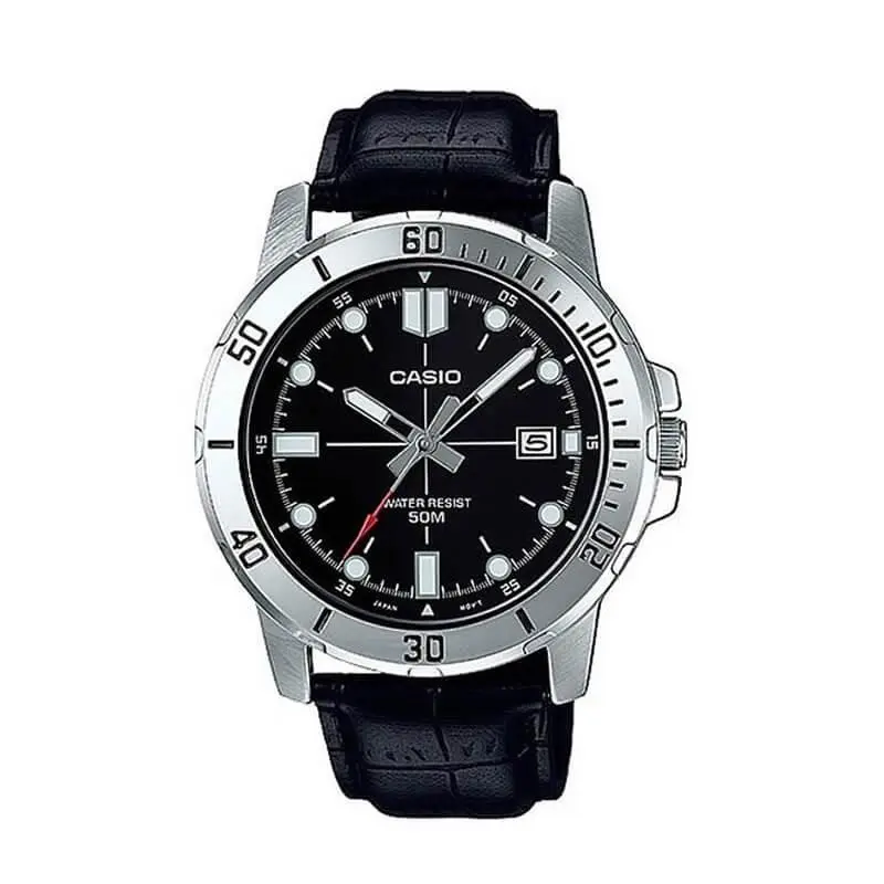 Casio Men`s Black Dial Black Leather Strap Watch -MTP-VD01L-1EVUDF