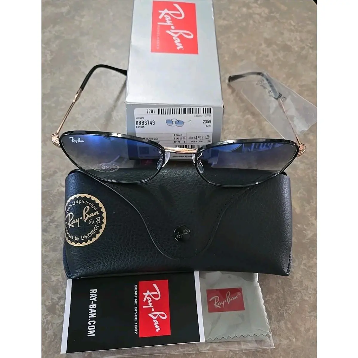 Ray-ban RB 3749 Black on Rosegold / Clear Gradient Blue 92723F Sunglass