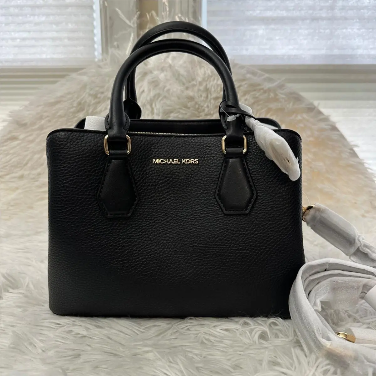 Michael Kors Camille Black Small Pebbled Leather Satchel Crossbody