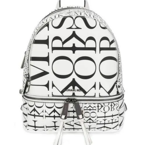 Michael Kors Rhea Zip Newsprint Backpack White Black Leather Travel Bag