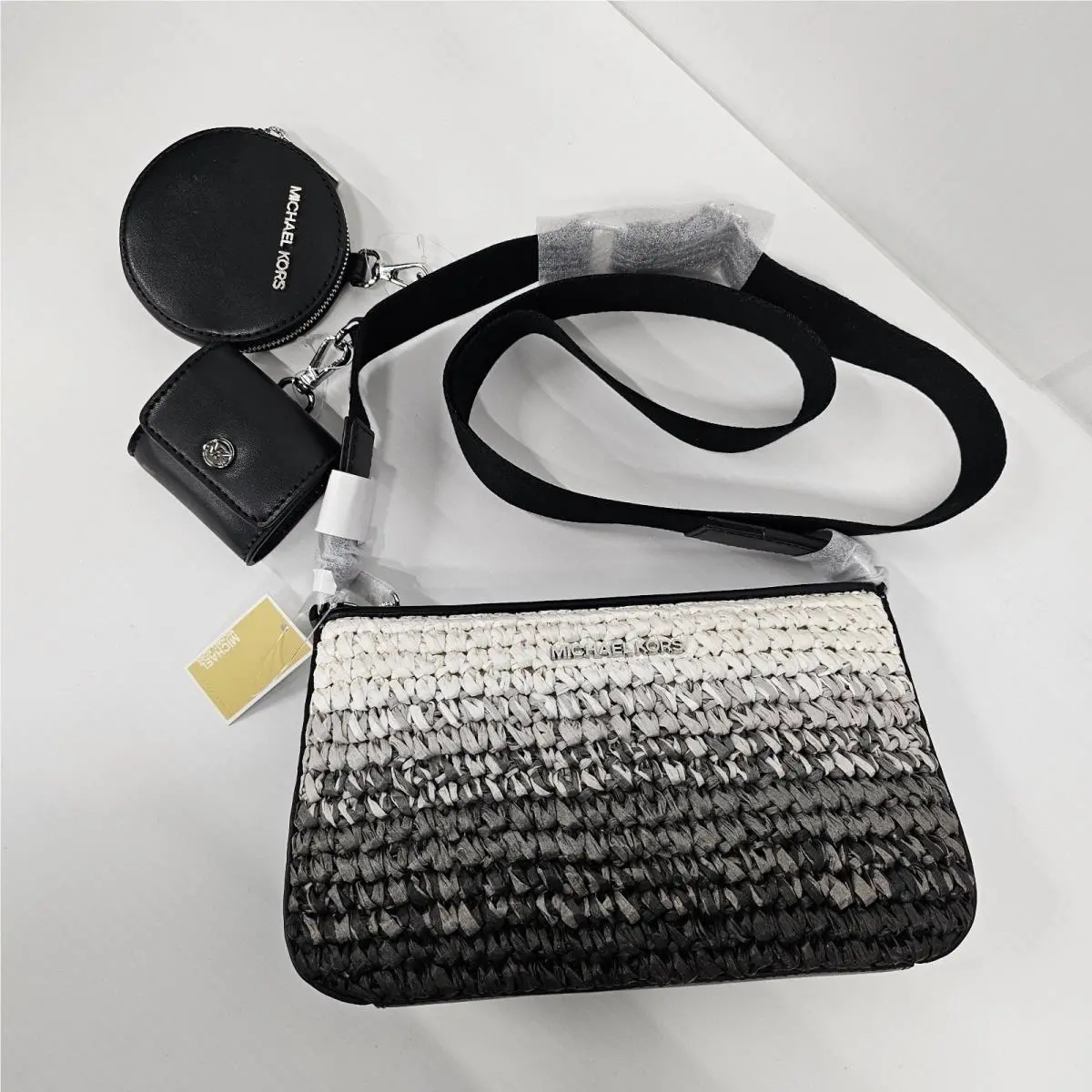 Michael Kors Ombre Straw Xby Bag + Makeup Headphone Case Blk/wht