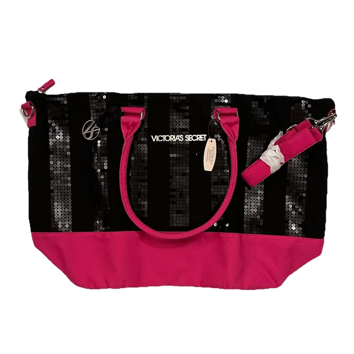 Victoria`s Secret Sequin Stripe Weekender Large Duffel Bag - Handle/Strap: Pink, Hardware: Silver, Lining: Black