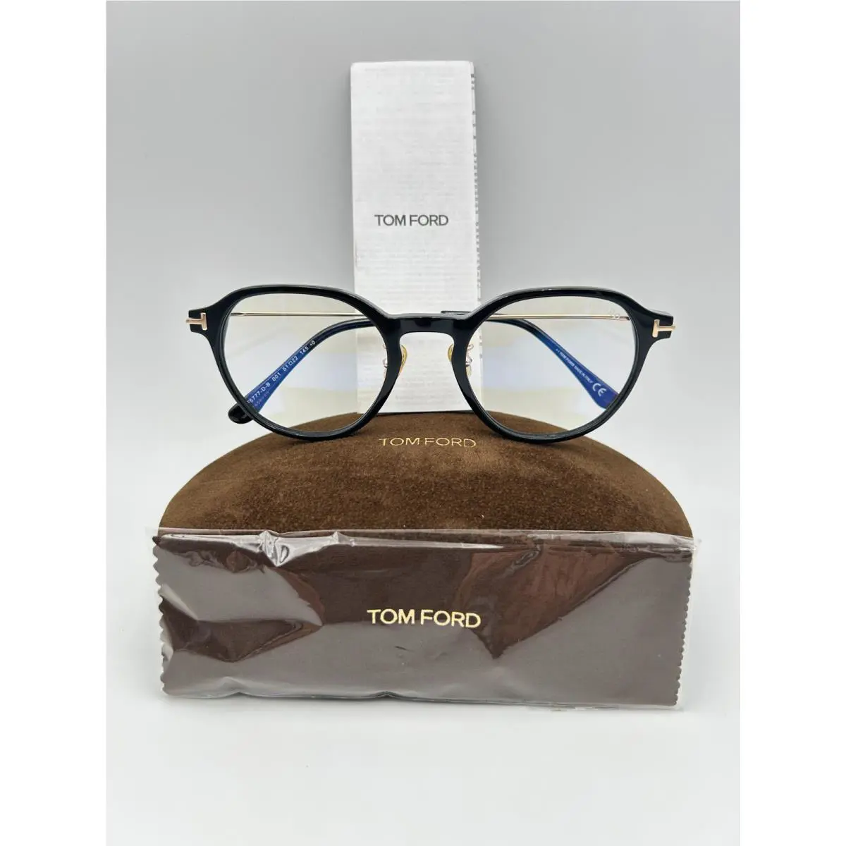 Tom Ford Eyeglasses TF 5777 D B 001 Black Gold 53 20 145 Round Blue Light