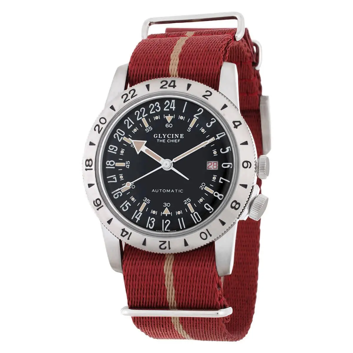 Glycine Airman Vintage The Chief Purist Automatic Black Dial Unisex Watch GL0474 - Dial: Black, Band: Burgundy, Bezel: Silver-tone