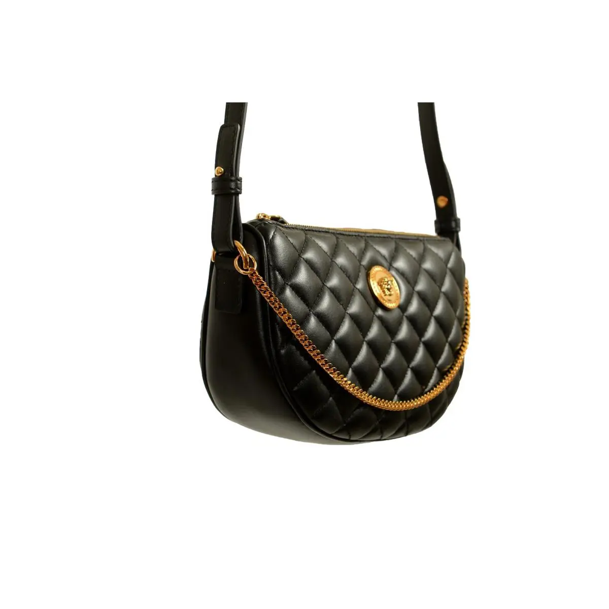 Versace Women`s Leather Gold Medusa Quilted Half Moon Chain Handbag Shoulder Bag