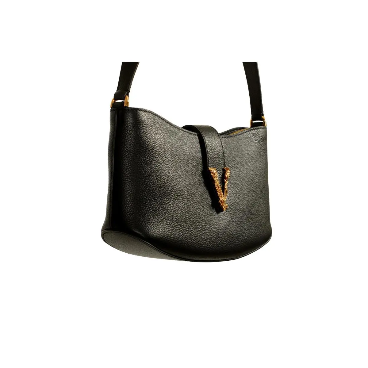 Versace Black Grained Leather Gold V-logo Small Handbag Shoulder Bag